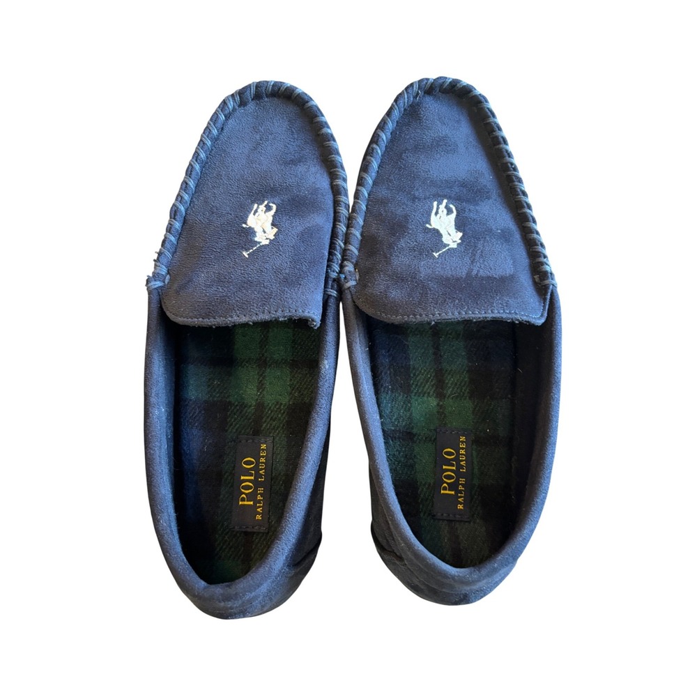 Polo Ralph Lauren Declan Mens Navy Blue Suede Moccasin Slippers Plaid Lining 12 - Picture 2 of 9